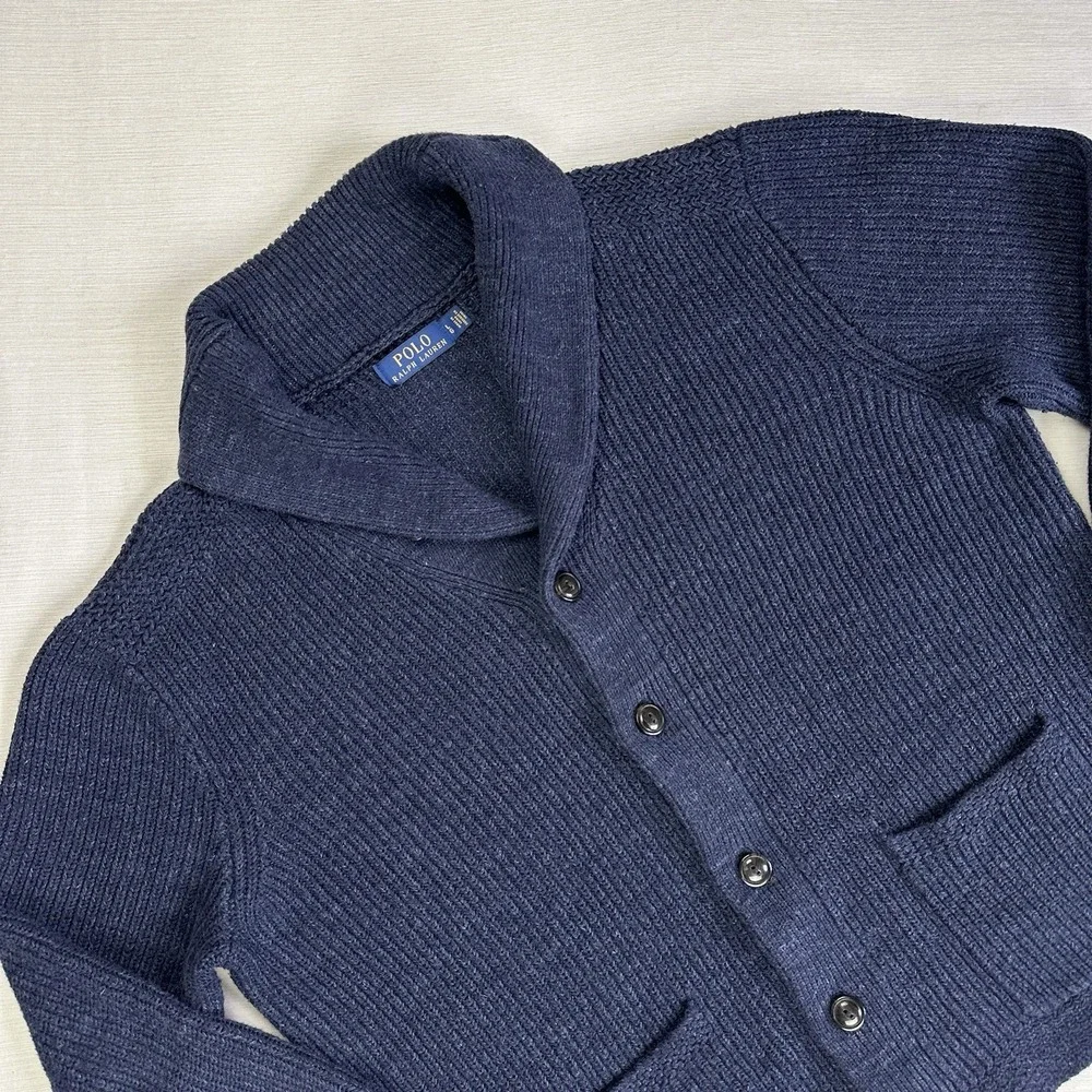 Polo Ralph Lauren Cardigan Shawl Collar Chunky Knit Sweater Men L Navy Blue